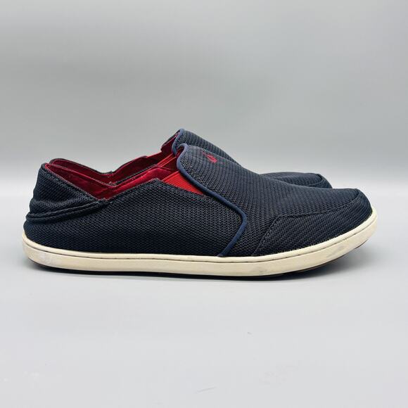 OluKai Shoes Mens 10 Black Red Nohea Mesh Slip On Loafer Casual Comfort Sneakers - Picture 1 of 10